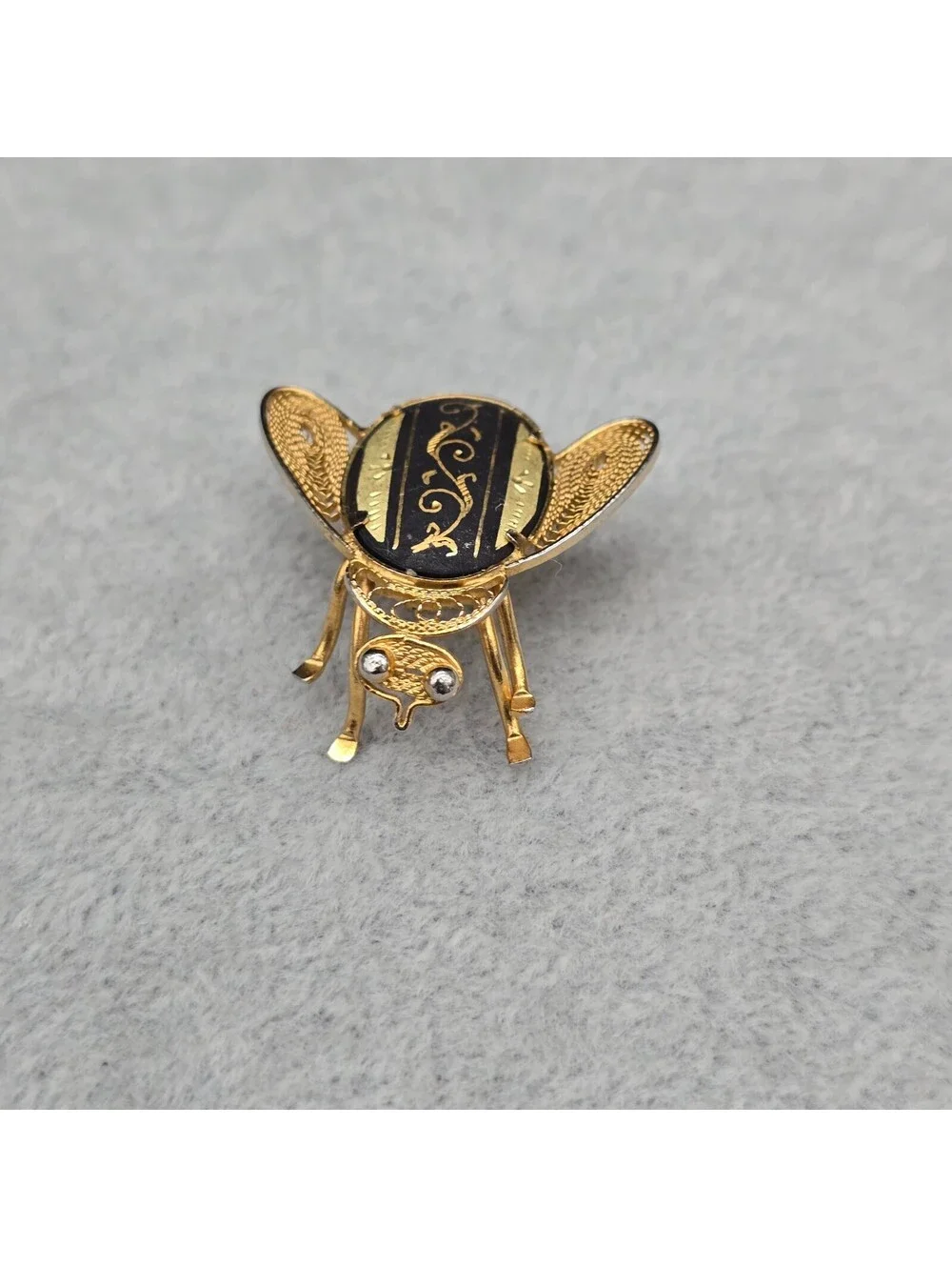 Vintage 1940s Spanish Damascene Fly Brooch Pin Toledo Gold Inlay Filigree Bug